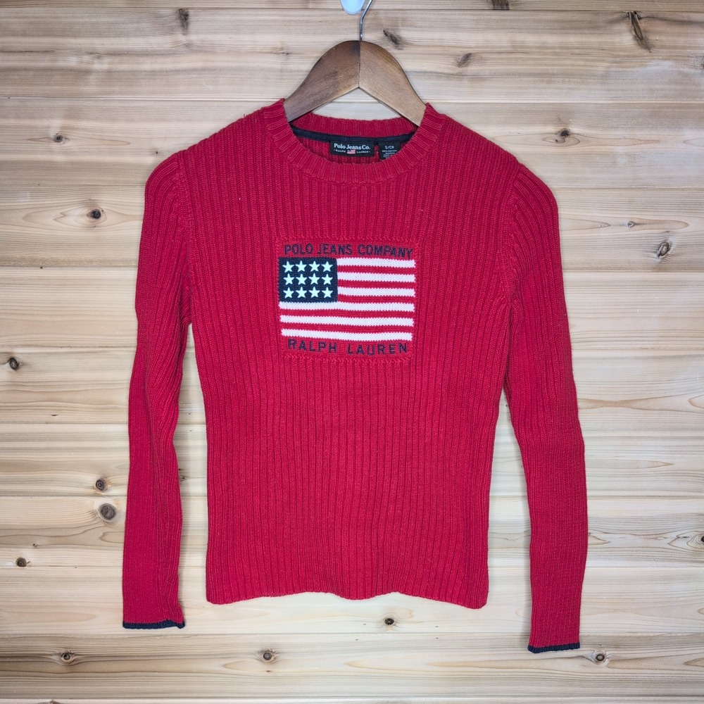 Vintage Polo Ralph Lauren Red American Flag Rib Knit Sweater Womens Small